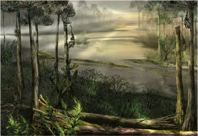 Reconstrucción del Devónico cerca de Praga, República Checa. Una llanura en un pequeño delta fluvial donde crecen árboles del género Pseudosporochnus, cuyos troncos alcanzaban hasta 4 m de altura, en la zona de arbustos prosperan las especies Protopteridium y la herbácea Drepanophycus mientras cerca del suelo, en el sotobosque se desarrolla la especie Protolepidodendron. Créditos Jan Sovák