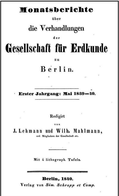 Portada del magazín “Monatsberichte über die verhandlungen der Gesellschaft für erdkunde zu Berlin” de 1840.